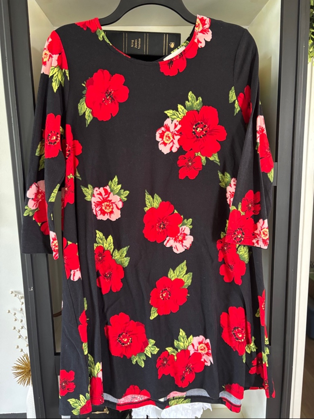 Bobbie Brooks Black Dress with Red Floral Print